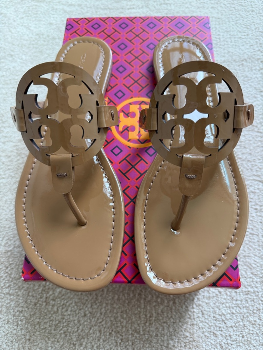 Brand New Tory Burch Miller Sandals in Tan Patent Leather